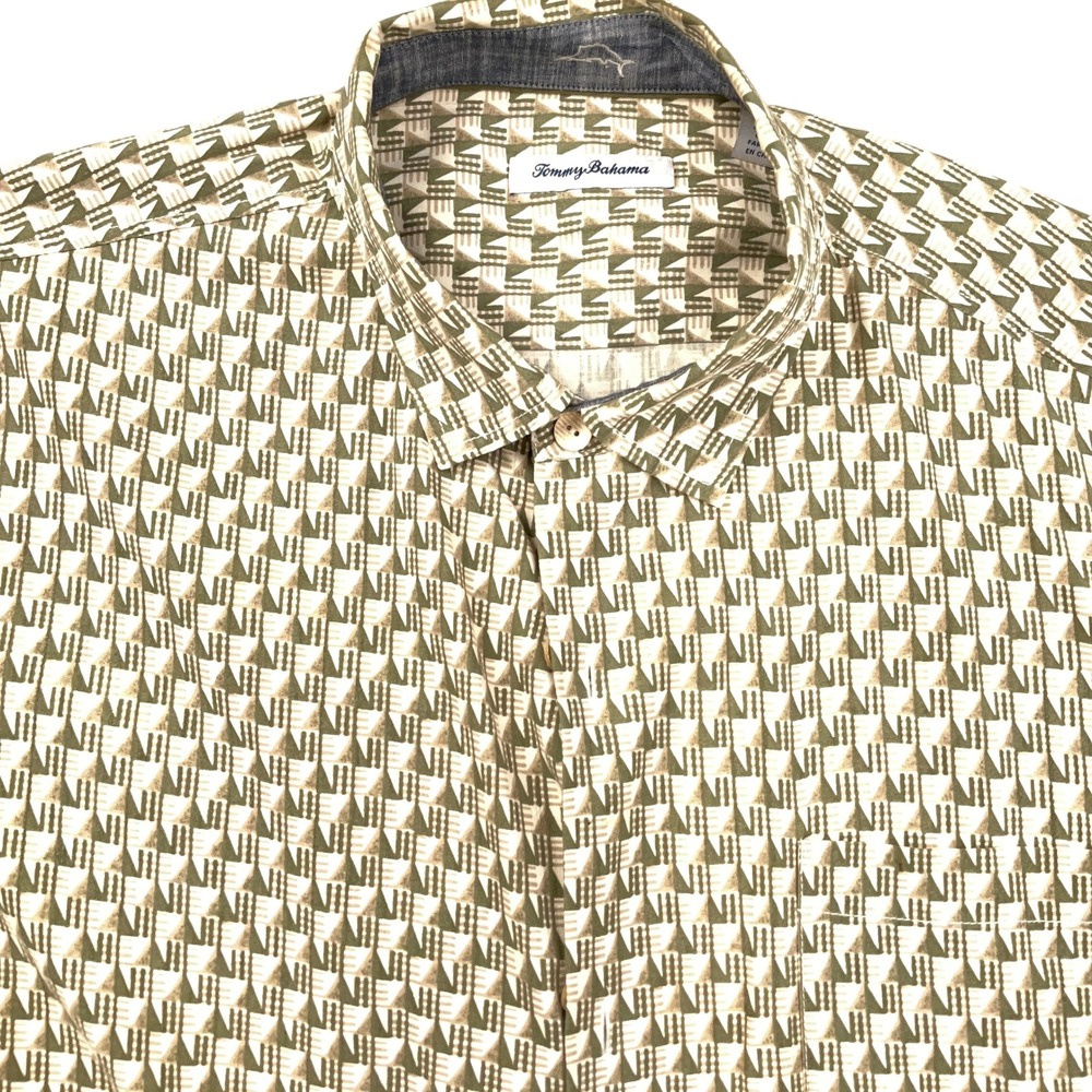 Tommy Bahama Shirt Mens‎ XL Green Beige Geometric Silk Washable